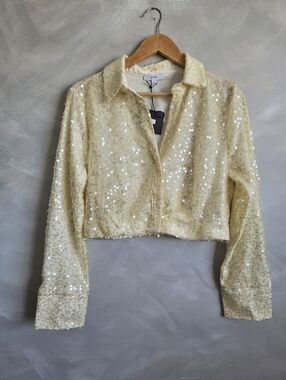 EVNL Ivory Crop Sequin Blouse Jacket Top Sz L Festival Party